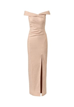 Beige, off-shoulder, floor-length dress with a front slit and ruched detailing around the waist and bust.