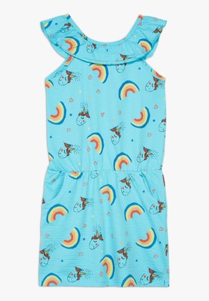 Lichtblauwe mouwloze jurk met een gerimpelde kraag, versierd met kleurrijke eenhoorngezichten, regenbogen, sterren, harten en twee voorzakken.