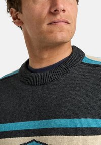 Schwarzer Wollpullover mit blauen und cremefarbenen horizontalen Streifen, ausgestattet mit einem gerippten Rundhalsausschnitt und einem weichen, strukturierten Stoff.