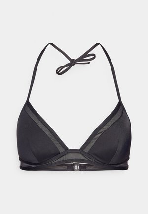 Haut de bikini noir avec des bonnets triangulaires, des bretelles réglables au cou et une fermeture à crochet. Présente des accents en maille transparente sur les bonnets et la bande.