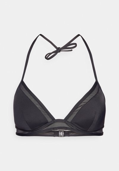 Svart bikinitopp med trekantede kopper, justerbare nakkestropper og krokfeste. Har gjennomsiktige mesh-detaljer på koppene og bandet.