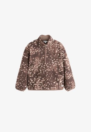 Bruine fleece trui met wit gespikkeld patroon, hoge kraag, halve rits vooraan en lange mouwen.