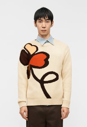 Νέος άνδρας που φοράει μπεζ πουλόβερ με μεγάλο πολύχρωμο σχέδιο λουλουδιού σε σχήμα καρδιάς πάνω από μπλε πουκάμισο με γιακά, στέκεται μπροστά σε απλό φόντο.