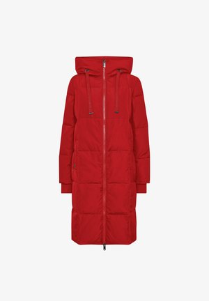 Red padded coat with a zip front, large hood, and drawstrings. Features long sleeves and ribbed cuffs. Smooth texture and thigh-length design.