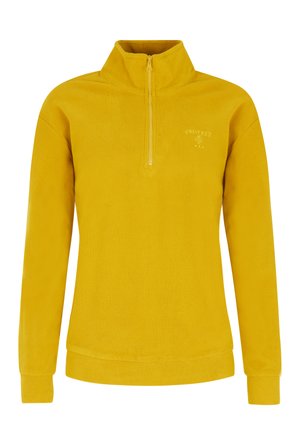 Pullover giallo, testurizzato, con colletto a mezza zip, maniche lunghe e orlo aderente. Presenta un piccolo logo in una tonalità più chiara.