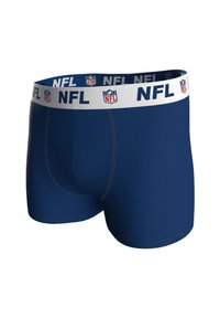 Granatowe bokserki z białym elastycznym paskiem w talii z logo NFL i napisem. Gładka tkanina z kontrastowym przeszyciem.