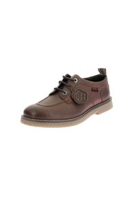 Scarpa in pelle marrone con lacci, punta arrotondata, superficie textured, cuciture a contrasto e suola in gomma. Presenta un'etichetta con il marchio sul lato.