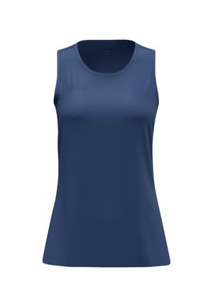 Navyblå ærmeløs atletisk tanktop med rund halsudskæring, designet til kvinder, vist mod hvid baggrund.
