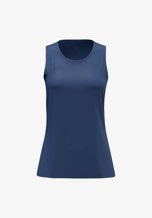 Canotta sportiva blu navy senza maniche con scollatura rotonda, progettata per donne, mostrata su sfondo bianco.