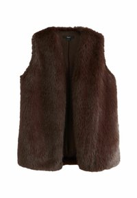 Gilet sans manches en fausse fourrure marron foncé avec une texture douce et un devant ouvert, conçu pour la chaleur et le style.