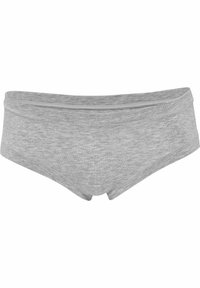 Grå bomuldsboxershorts i en kort stil med en glat tekstur, blødt elastisk talje og uden synlige mønstre. Simpel, funktionel design.