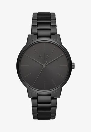 Orologio analogico nero con finitura opaca e design minimalista. Presenta una cassa rotonda, un cinturino in metallo nero e indicatori delle ore semplici.