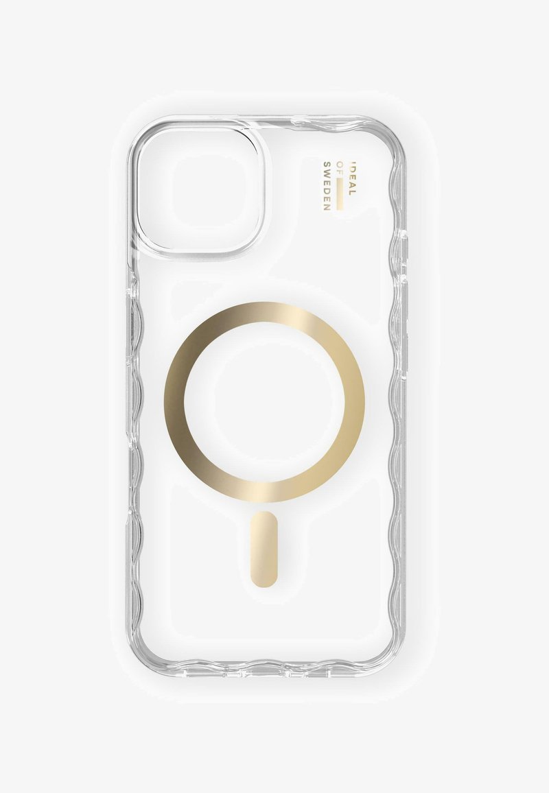 Clear phone case featuring a gold circular MagSafe logo, textured edges, and smooth back. Marked with "IDEAL OF SWEDEN" on the side.