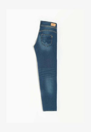 Slanke blauwe denim jeans met een geweven structuur, een middelhoge taille en een achterzak met een kenmerkende stikselafwerking.