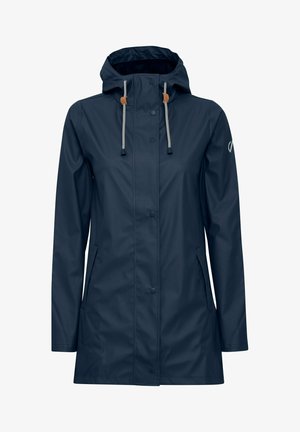 Navy blue rain jacket with a hood, featuring a zip and button closure, adjustable drawstrings, and two side pockets. Smooth, waterproof material.