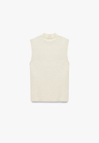 Ermeløs top i off-white ribstrikket stof. Høj hals, lige snit. Blød tekstur med subtile prikker gennem hele stoffet.