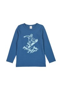 Niebieska koszula z długim rękawem, wykonana z bawełny, z białą grafiką snowboardzisty na tle gór. Miękka tekstura, okrągły dekolt i prosty krój.