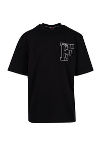 Must värvi puuvillane T-särk lühikeste varrukatega, ümmarguse kaelusega ning valge graafilise logoga vasakul rinnaku piirkonnas. Sile tekstuur, juhuslik sobivus.