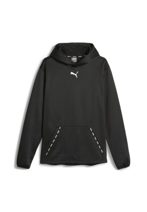 Schwarzer Puma Hoodie mit vorderer Kängurutasche, umrandet von Puma-Branding, elastischen Bündchen und einem weißen Puma-Logo auf der Brust.