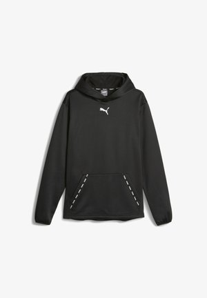 Schwarzer Puma Hoodie mit vorderer Kängurutasche, umrandet von Puma-Branding, elastischen Bündchen und einem weißen Puma-Logo auf der Brust.