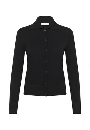 Zwarte cardigan met knoopsluiting, lange mouwen, een kraag en geribbelde manchetten en zoom.