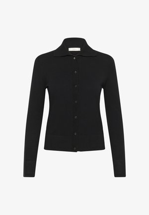 Zwarte cardigan met knoopsluiting, lange mouwen, een kraag en geribbelde manchetten en zoom.