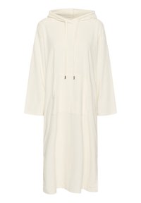 Langes, hooded, cremefarbenes Sweatkleid aus weichem Stoff. Mit einer vorderen Kängurutasche und weiten Ärmeln. Keine sichtbaren Muster oder Beschläge.