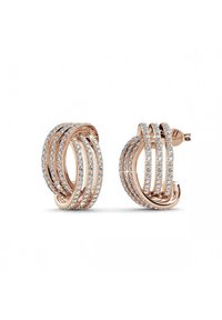 Orecchini a cerchio in oro rosa con più filamenti intrecciati, decorati con numerosi strass trasparenti, dotati di un sicuro retro a pulsante.