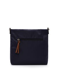 Borsa in nylon blu navy con forma rettangolare, tasca frontale con zip e dettaglio in pelle marrone. Include accessori in argento e una texture liscia e elegante.