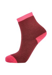 Kniestrumpf aus weichem Stoff, mit einem tiefroten Körper und leuchtend rosa Akzenten am Bündchen und Zeh, mit einer glatten Textur.