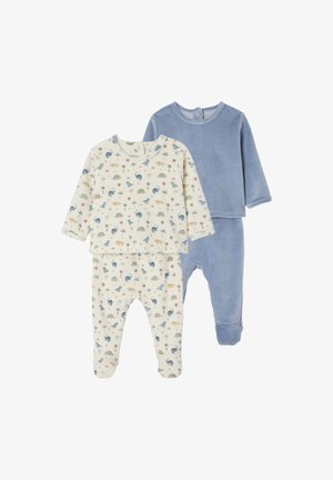 Two-piece baby outfit set featuring a cream top and pants with colorful dinosaur print and a solid blue top and blue pants in soft fabric.