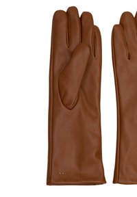 Bruine leren handschoenen met een gladde textuur, met vijf vingers en een subtiel logo in goud gestempeld. Het ontwerp is klassiek en aansluitend.