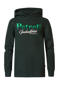 Tummanvihreä huppari, joka on valmistettu pehmeästä materiaalista. Varustettu nyörillisellä hupulla ja suurella painetulla logotekstillä vihreänä ja valkoisena rinnassa.