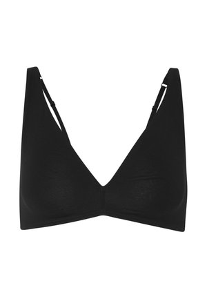 Soutien-gorge sans fil noir avec bonnets souples, bretelles fines réglables et un profond décolleté en V.