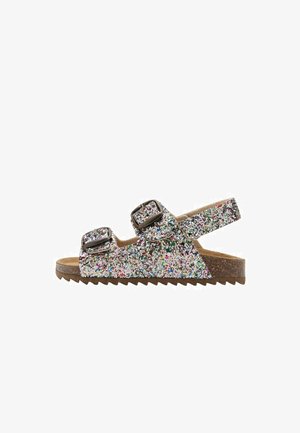 Sandale enfant avec semelle en liège, dessus multicolore pailleté, deux brides réglables avec boucle sur le pied et une bride au talon.