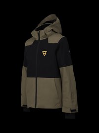Chaqueta con capucha que presenta un diseño en bloques de color con secciones en negro, oliva y beige. Material texturizado con cremallera frontal y detalle de logo.