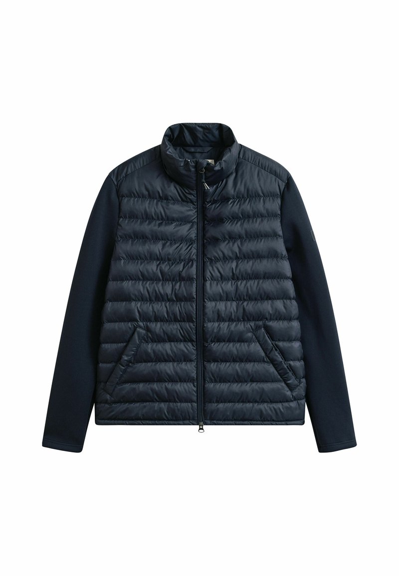 Dunkel marineblaue gesteppte Jacke mit durchgehendem Frontreißverschluss, Stehkragen und zwei schrägen Fronttaschen.