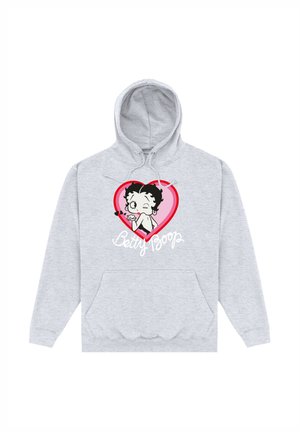 Grå fleece hættetrøje med en frontlomme, en snor i hætten, og et farverigt grafik af Betty Boop inde i et hjerte med tekst nedenunder.