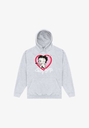 Grå fleece hættetrøje med en frontlomme, en snor i hætten, og et farverigt grafik af Betty Boop inde i et hjerte med tekst nedenunder.