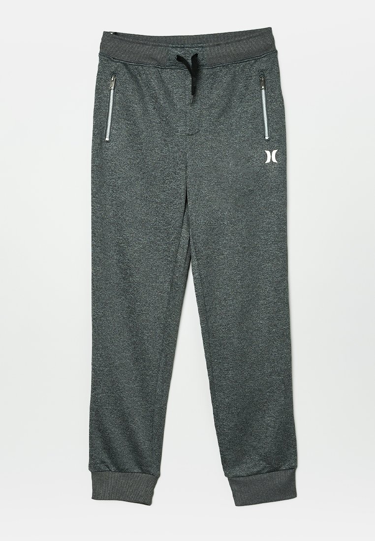 Donkergrijze joggingbroek van gestructureerde stof, met een elastische tailleband met trekkoord, twee met rits gesloten zakken en geribbelde boorden.