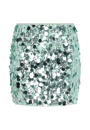 Mint green sequined mini skirt, featuring a fitted shape, with overlapping reflective circular sequins creating a textured surface.