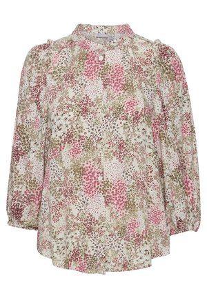 Blomstret blouse i let stof med høj hals, hvid baggrund, pink og grønne blomster mønstre, og samlede ærmer.