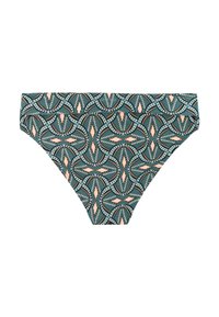 Vihreät bikinihousut, joissa on abstrakti geometrinen kuvio persikanvärisin, mustin ja vaaleansinisin sävyin, sisältäen pyöreitä ja timantin muotoisia kuvioita.