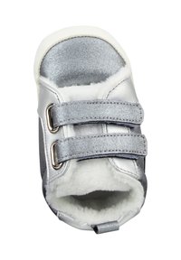 Silver toddler shoe with two Velcro straps and white fleece lining, viewed from above on a white background.