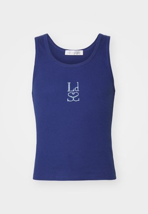 Blauwe katoenen tanktop met een ronde halslijn en een klein rhinestone-logo aan de voorkant, met een getailleerde pasvorm en afgewerkte randen.