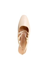 Chaussure Mary Jane beige pour femme avec deux fines sangles et petites boucles dorées, vue de dessus sur fond blanc.