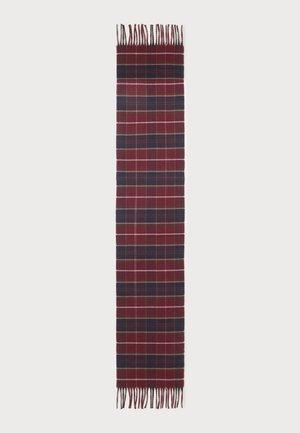 Lange rechthoekige wollen sjaal met franjes aan de uiteinden, met een rood, marineblauw en wit ruitpatroon.