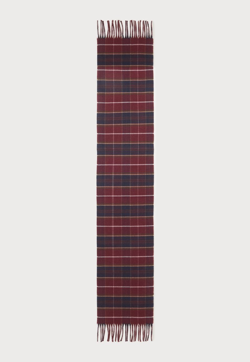 Longue écharpe rectangulaire en laine avec des franges aux extrémités, présentant un motif à carreaux rouge, marine et blanc.