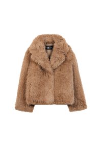 Beige Kunstfelljacke mit breitem Kragen, cropped Design und einer weichen, flauschigen Textur. Keine sichtbaren Verschlüsse. Gefüttert mit einem glatten Material.