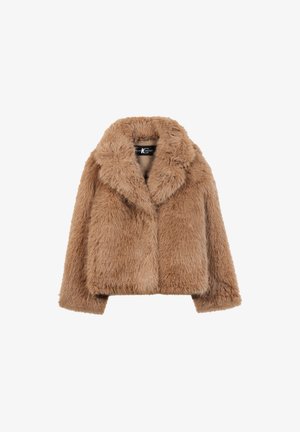 Beige Kunstfelljacke mit breitem Kragen, cropped Design und einer weichen, flauschigen Textur. Keine sichtbaren Verschlüsse. Gefüttert mit einem glatten Material.